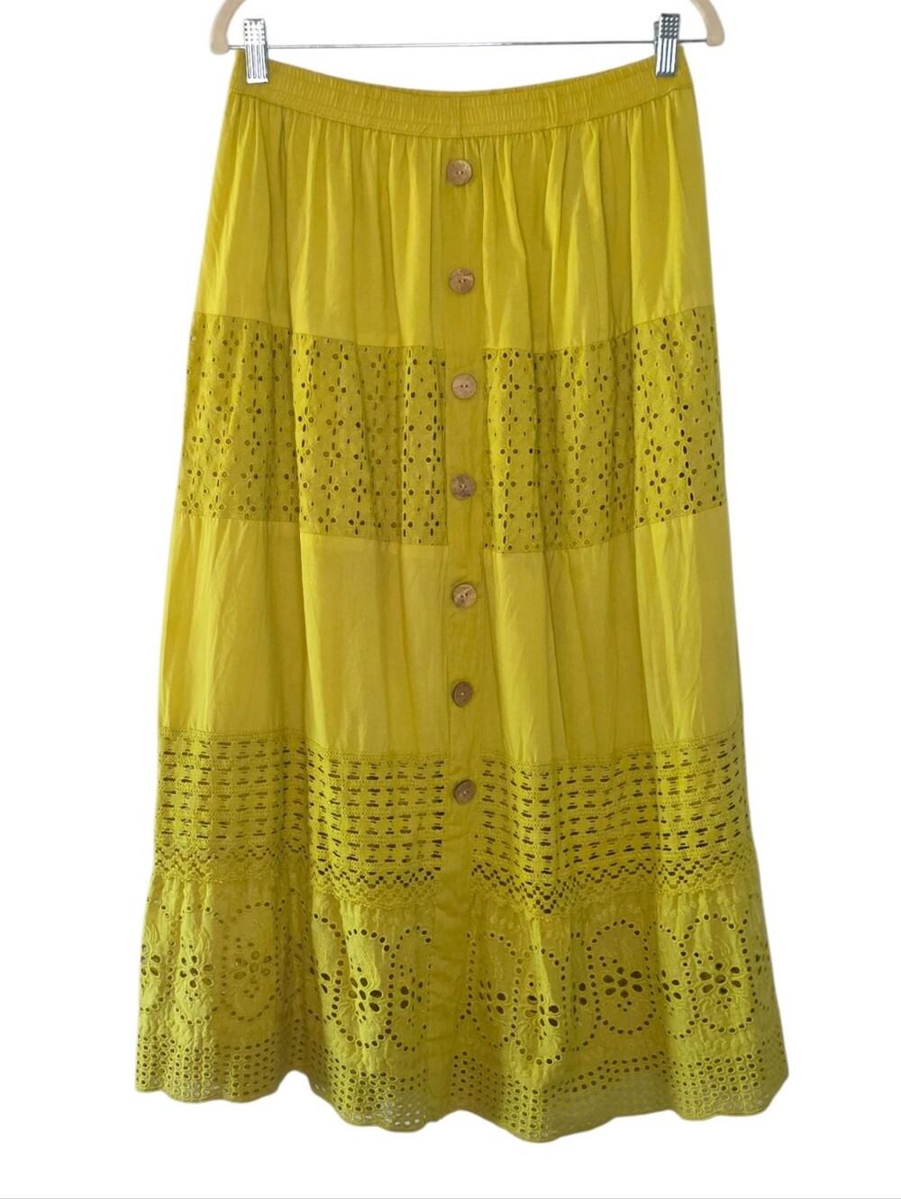 Tiered Eyelet Midi Skirt Size L 100% Cotton Pull-on Stretch Waist Boho Festival